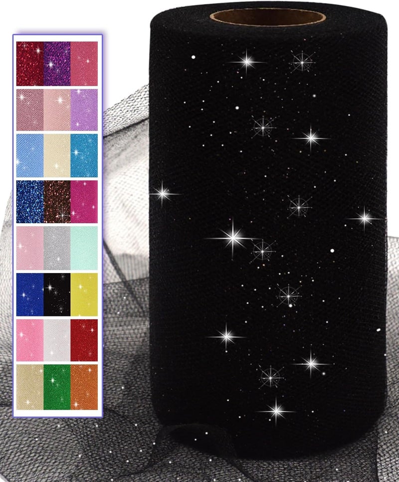 Ableme Deco Black Glitter Tulle Fabric Rolls, 6 Inch 50 Yards (150ft) Sparkling Spool Ribbon Sequin Netting for Tutu Skirt Gift Wrapping Wedding Party Decoration (Black) - Image 1